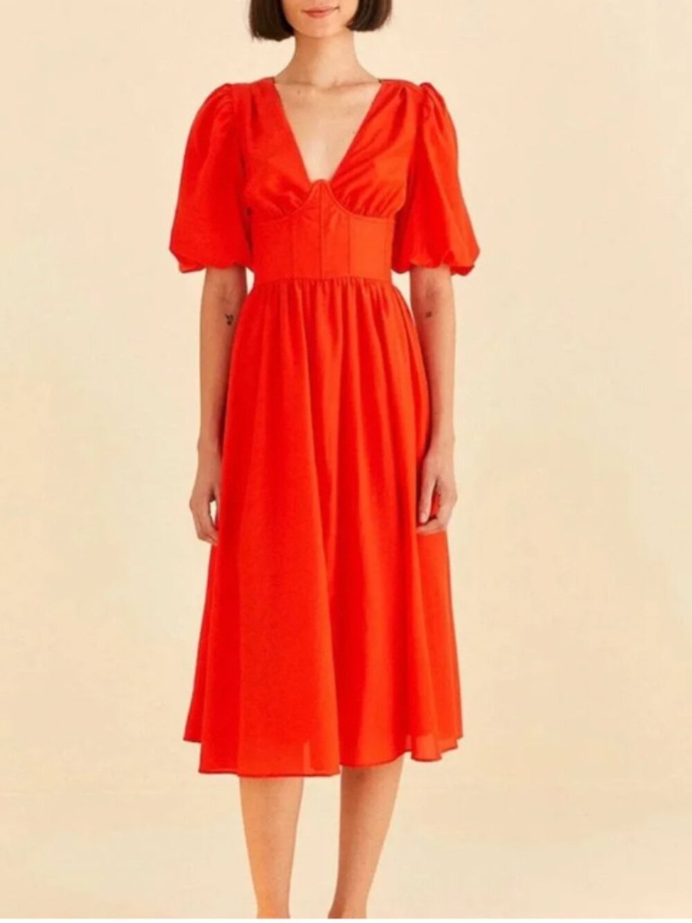 NWT - FARM Rio Red Puff Sleeve Midi Dress - Size M